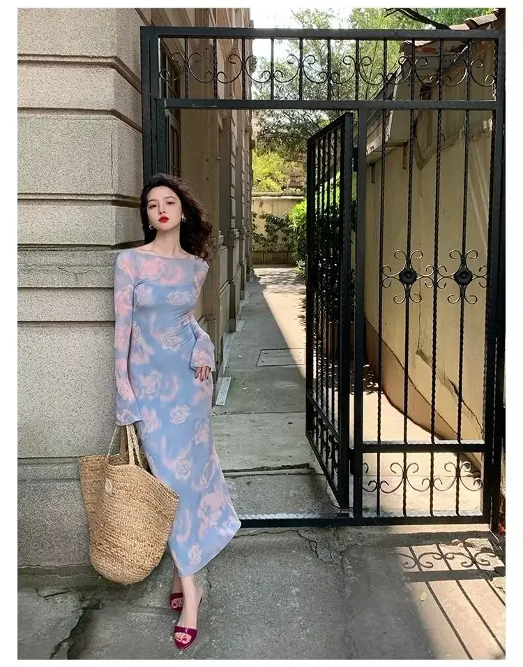 Gagarich 2024 Fashion French Vintage Halo Dyed Rose Mesh Dress Anti Glare Lining Hanging Dress Two Piece Autumn Set