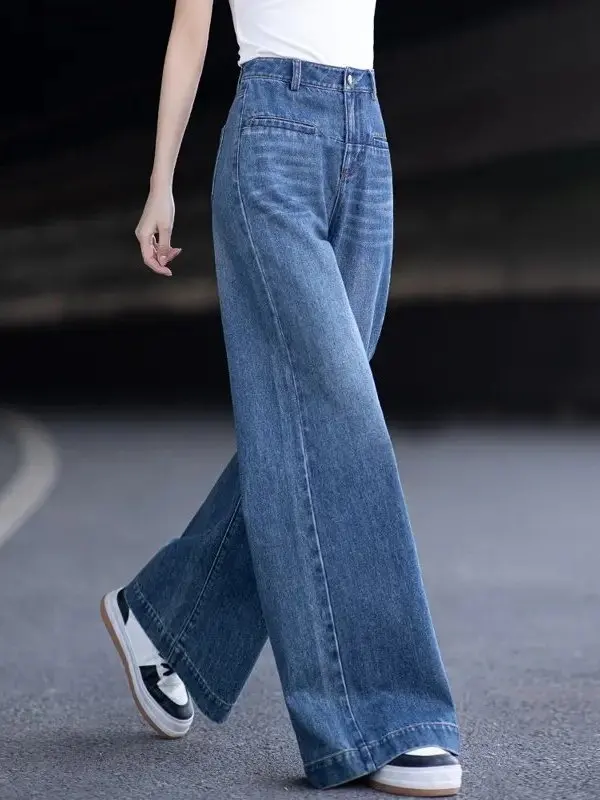 

Retro Blue High Waist Straight Leg Jeans Women's Wide Leg Pants Summer Loose Slimming Trousers Trendy Korean Sle Denim