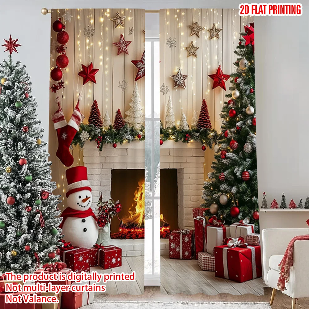 2pcs 2D flat printing Christmas Window Drapes Snowman fireplace Machine Washable Polyester Without Electricity Festive Holiday
