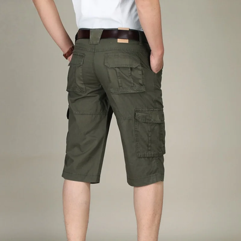 

Mens 100% Cotton Cargo Shorts Straight Loose Fit Summer Casual 3/4 Work pants Multi-Pockets Military Green Khaki Size 40 42 44