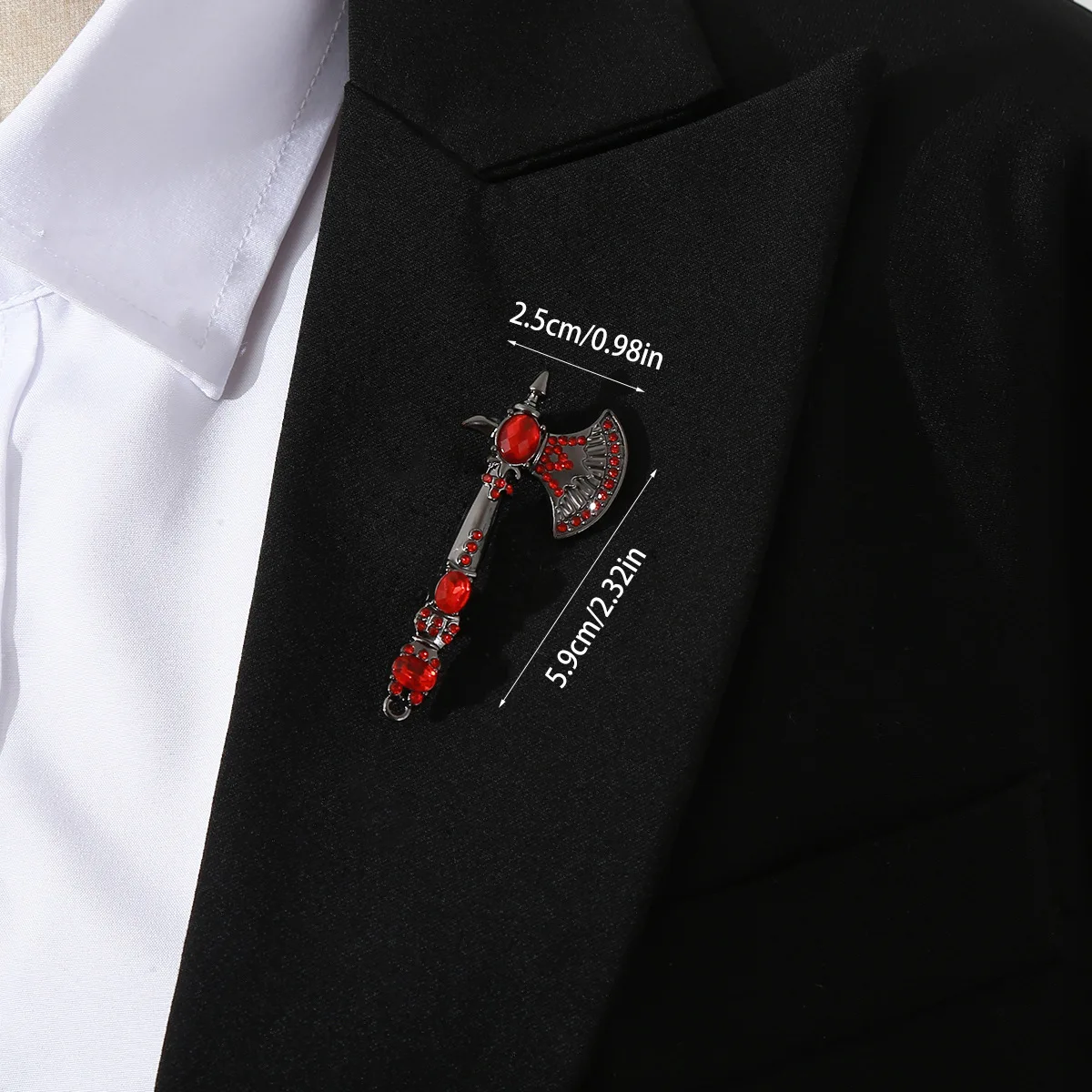 Vintage Viking Battle Axe Brooch Multicolor Crystal Lapel Pin Gothic Retro Badge Men Suit Collar Pin Clothing Decor Jewelry Gift