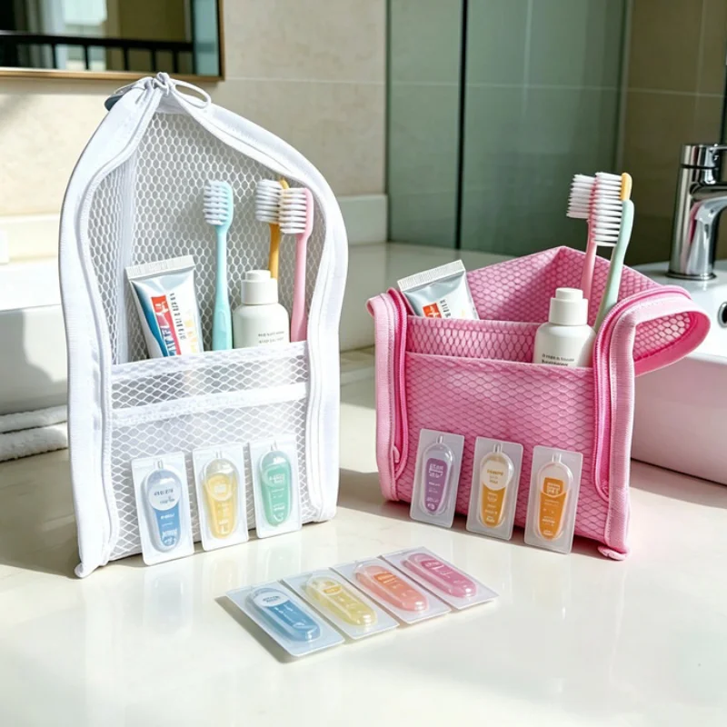 Sac de rangement pour maquillage en maille transparente, trousse de toilette pliable et portable pour voyage, sac de rangement multifonctionnel de couleur unie simple