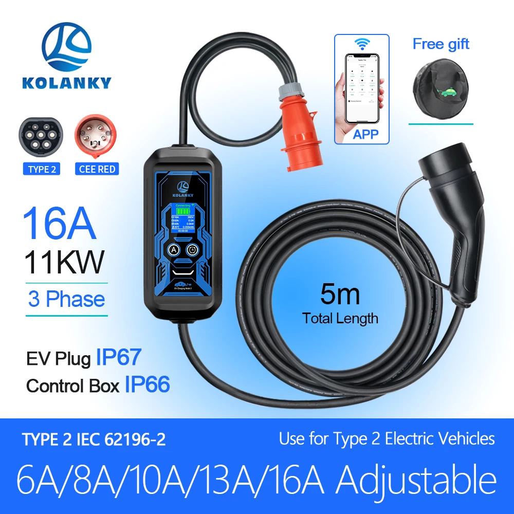 

Portable EV Charger 16A 11KW 3P Tuya App Set Charge Time Type 2 IEC-62169 Charging For Eletric Vehicle Hybrid Tesla Car Cable 5M