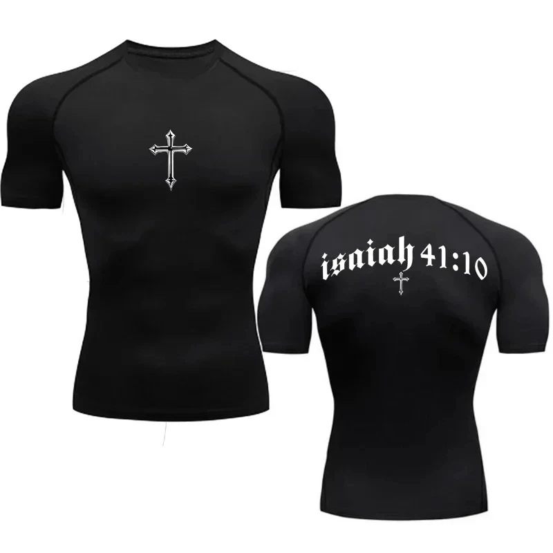Fashion Bible Cross Jesus Christ Pattern Compression Men's Gym Exercise Speed Drying T-shirt Fitness Slow Running Short Sleeve