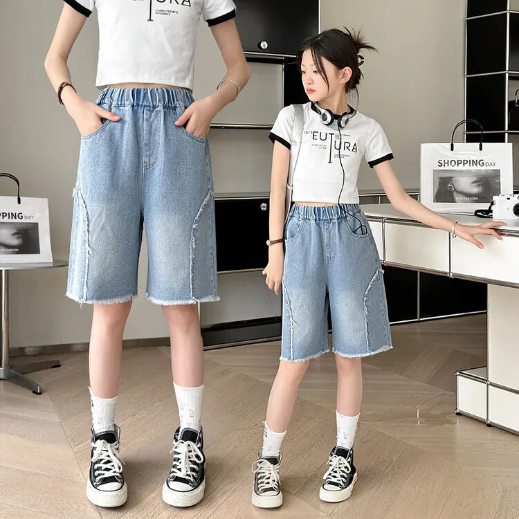 Summer Teenagers Girls Blue Shorts Kids Thin Clothes Loose Denim Quarter Pants Korean Children Casual Short Jeans 4 6 8 10 12 14