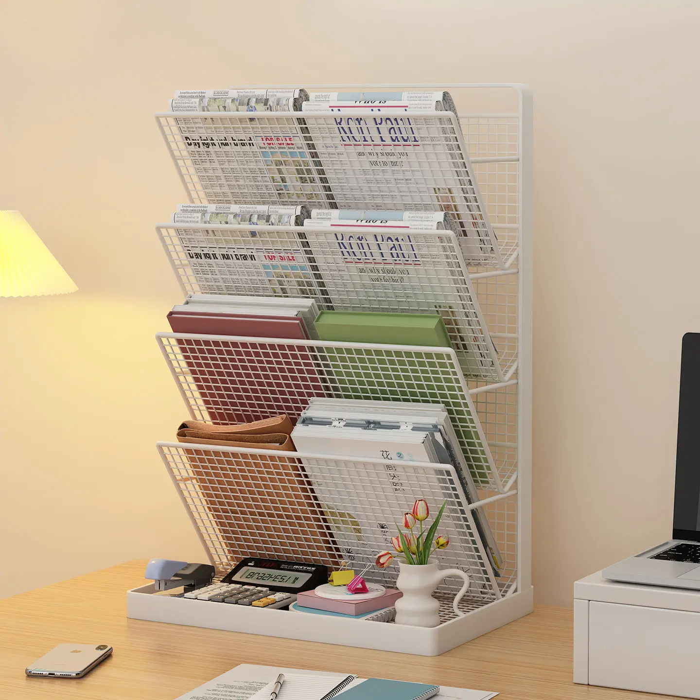 

Metal Desktop Bookshelf and Document Display Rack Newspaper and Magazine Rack with File Storage Stand Book Stand Rack