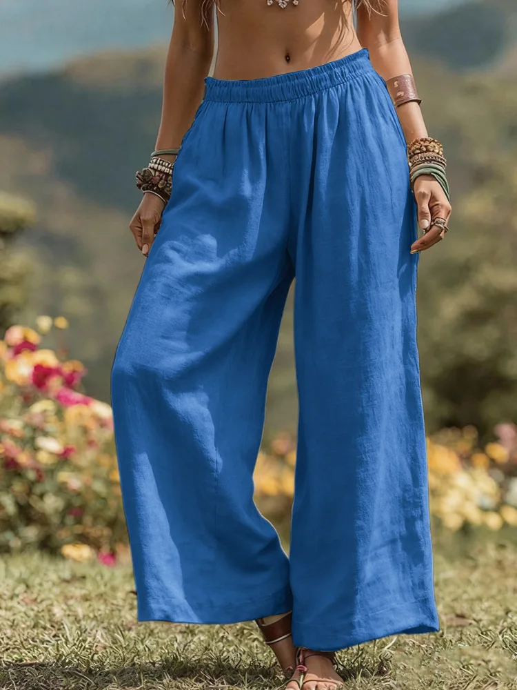 Women Summer Elastic Waist Linen Wide Leg Pants, Loose Drape Thin Straight Trousers for Beach Vacation