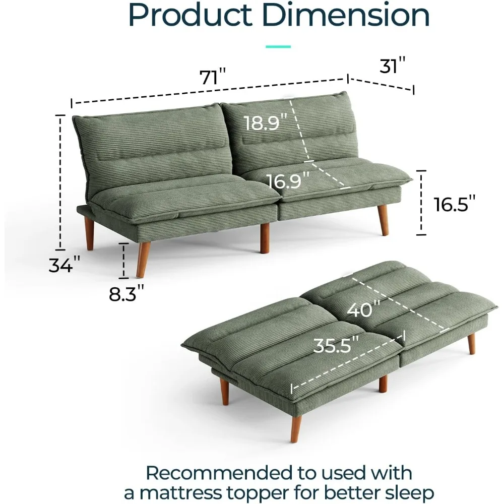 Sofá-cama futon conversível de veludo cotelê com encosto ajustável, sofá-cama pequeno e moderno