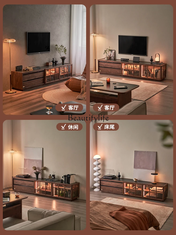 05-*Black walnut TV cabinet living room household floor solid wood small apartment