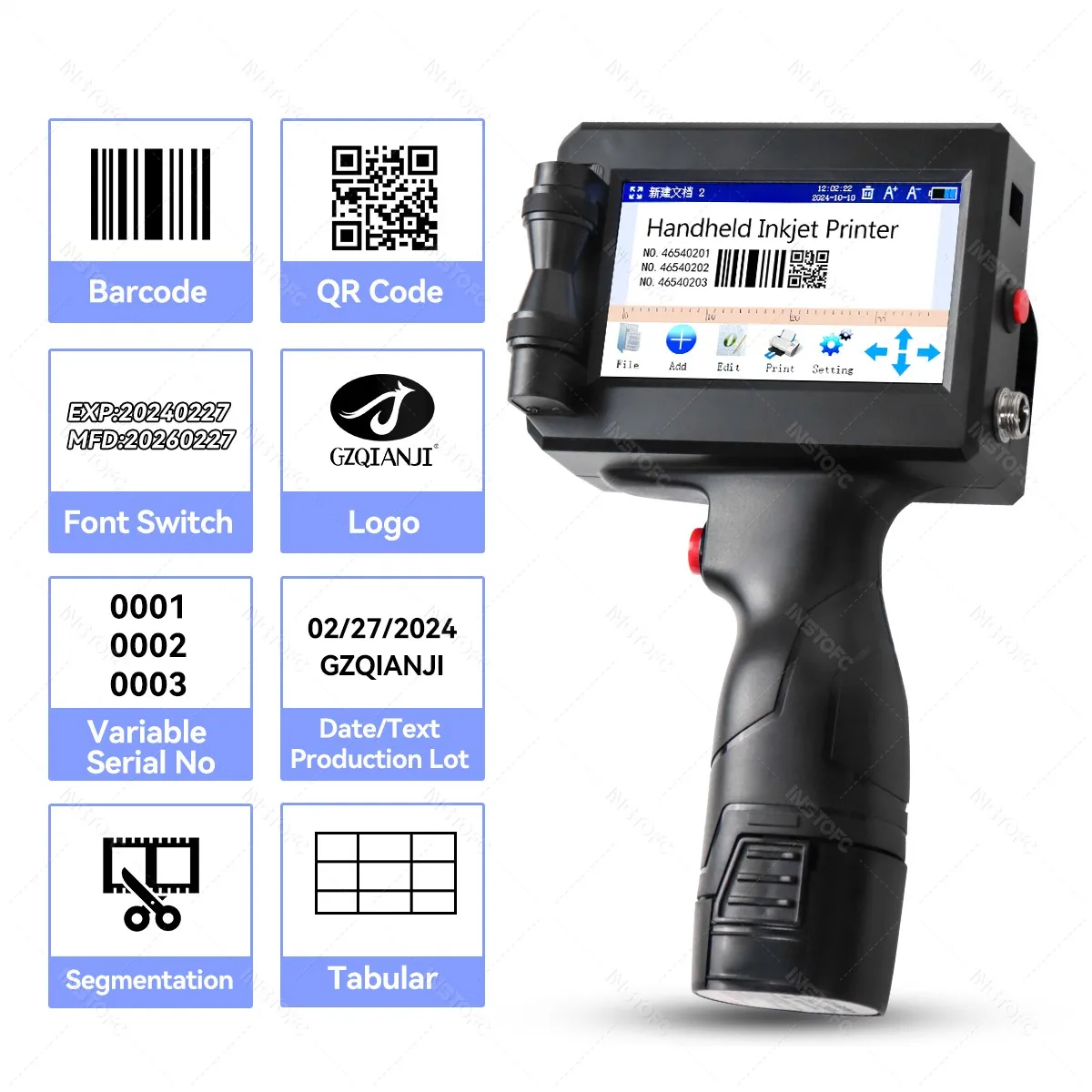 25.4mm 1inch Handheld Inkjet Printer QR Barcode Batch Number Logo Expiry Date Portable Printer Gun 25 Languages Non-encrypted