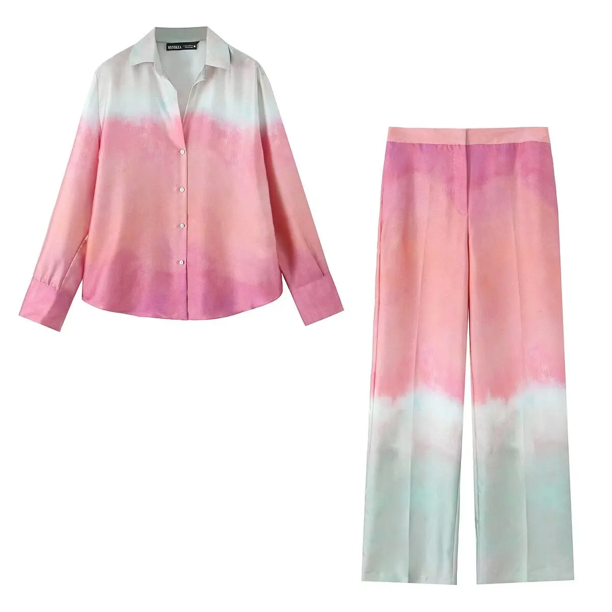 Tie Dye Printed Shirt with Single Breasted Top for Women High Waist Fashionable Casual Wide Leg Pants Set New