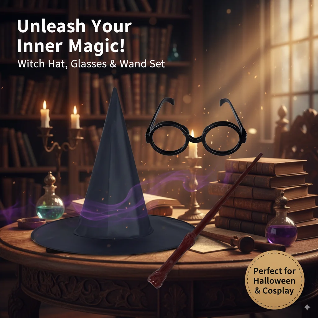

Halloween Wizard Costume Set Magic Wand Round Glasses Pointed Hat Cosplay Outfit Kids Birthday Party Role Play Gift Accessories