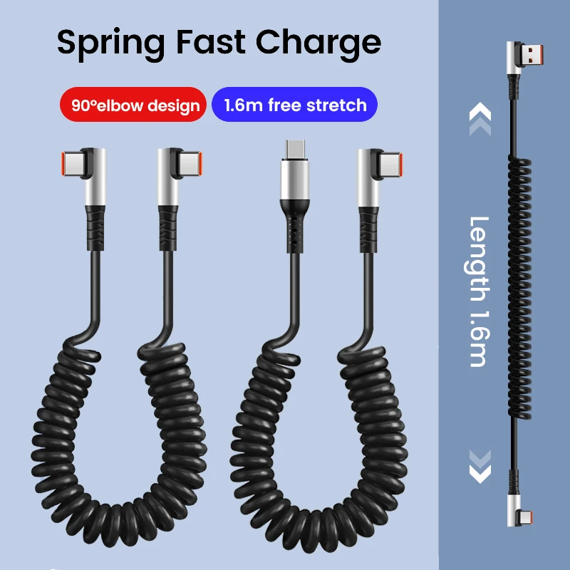 90° Elbow USB Spring Cable 6A Fast Charging Type C Car Spring Charging Cable for iphone 15 Pro Max Samsung Xiaomi Huawei 1.6M