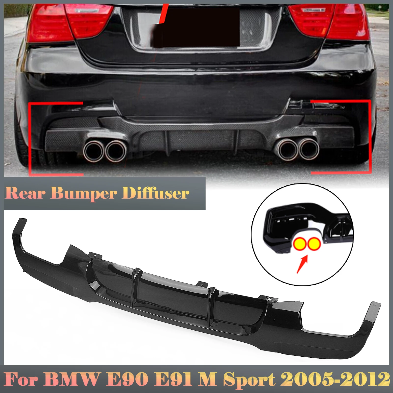 

Glossy Black Car Rear Bumper Diffuser Lip Quad Exhaust Boot Splitter Spoiler Plate For BMW 3 Series E90 E91 M Sport 2005-2012