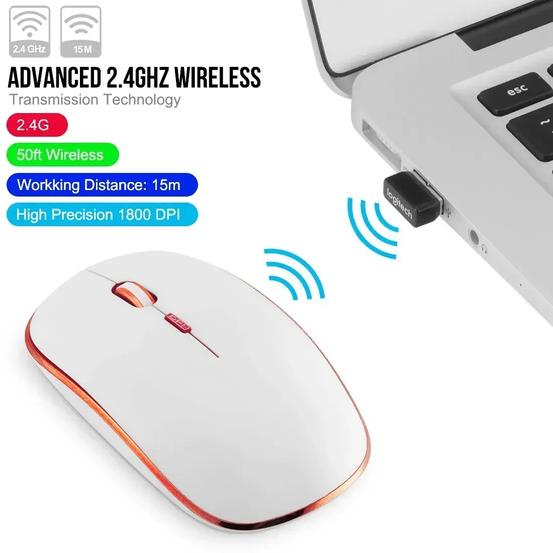 Silent Wireless Computer Mouse 2.4G with 1800DPI Adjustable Optical Click for PC Laptops Nano Receiver Included