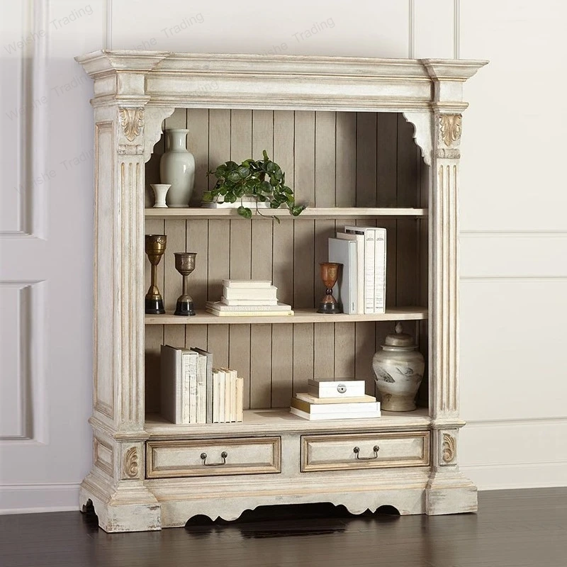 French American rural log bookcase custom all solid wood multi-layer baffle display cabinet white retro old bookshelf