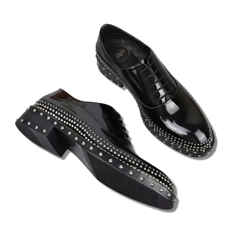 Rivet Design Men's Oxford Shoes Gentleman's Black Lace-up Business Formal Genuine Leather Shoes for Men Brogue Office Shoes