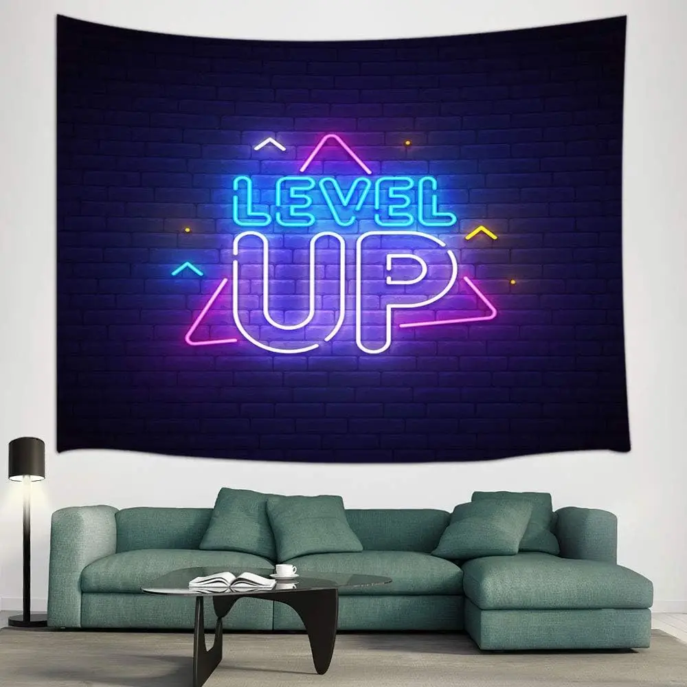 

Level Up Neon Gaming Tapestry, Brick Wall Background with Glowing Sign Wall Hanging for Boys Bedroom, Gamer Room and Party Decor
