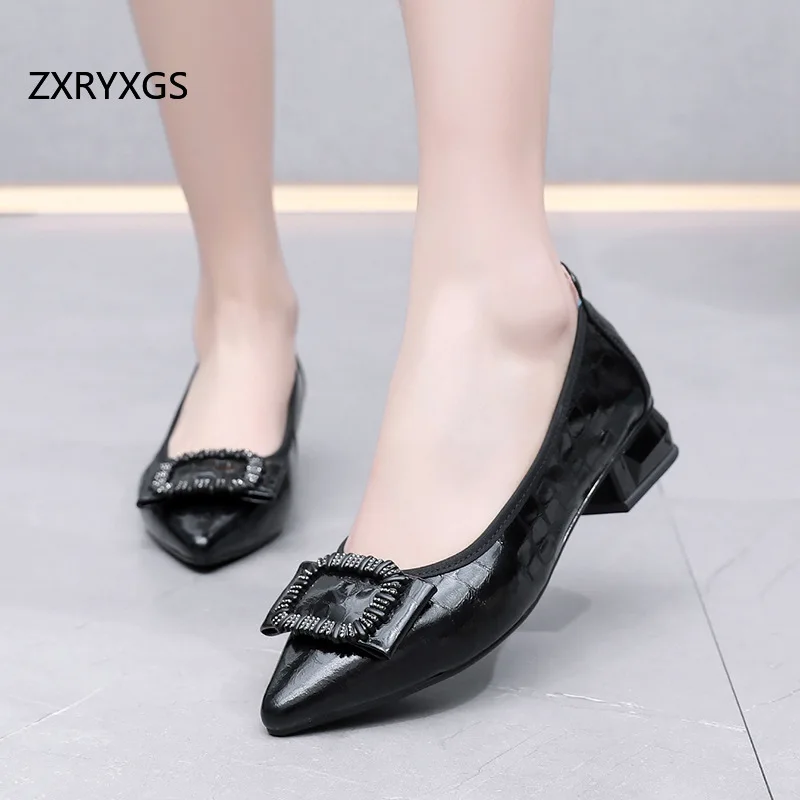 ZXRYXGS Premium Cowhide Pointed Bow Elegance Fashion Low Heels 2025 New Autumn Genuine Leather Trendy Shoes Women Large Size 43