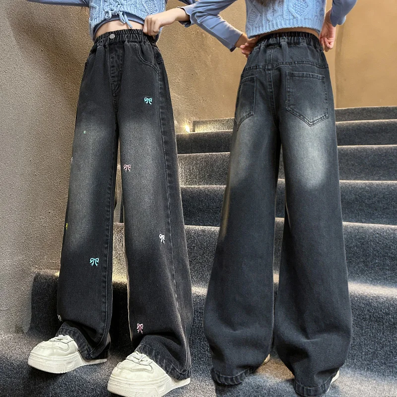 Spring Autumn Kids Girls Straight Leg Jeans with Bow Embroidery Elegant Children Fashion Denim Pants Age 5 6 7 8 9 10 11 12 14 Y