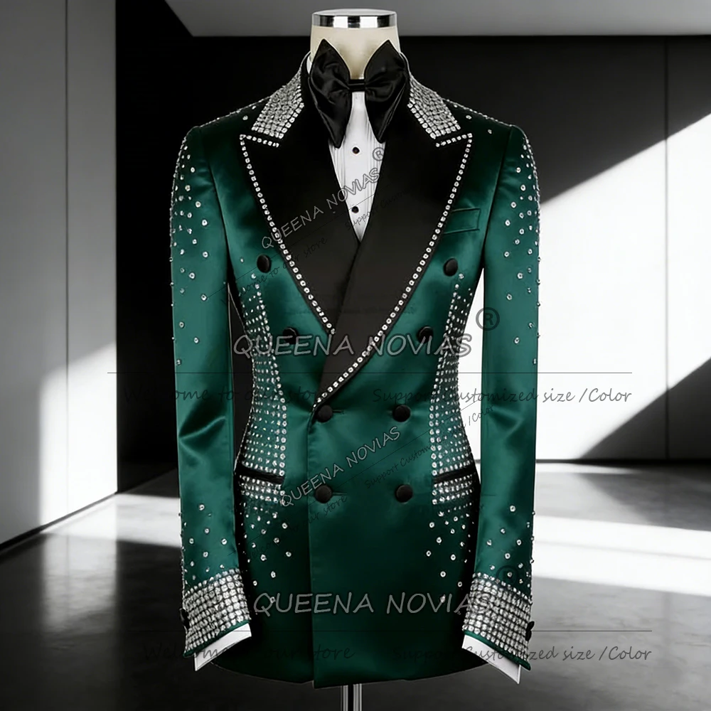 

Sparkly Beaded Stones Suits Men For Wedding Black Peaked Lapel Prom Blazers Customized 2 Piece Set Groom Formal Party Tuxedos