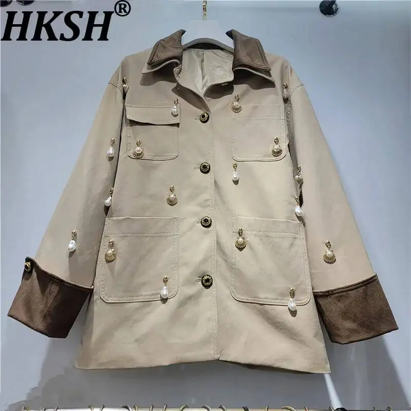 HKSH Women Loose Coat Heavy Pearl Decorated Safari Style Contrast Color Patchwork Multi-pocket Stylish Ins Casual Jacket HK25872