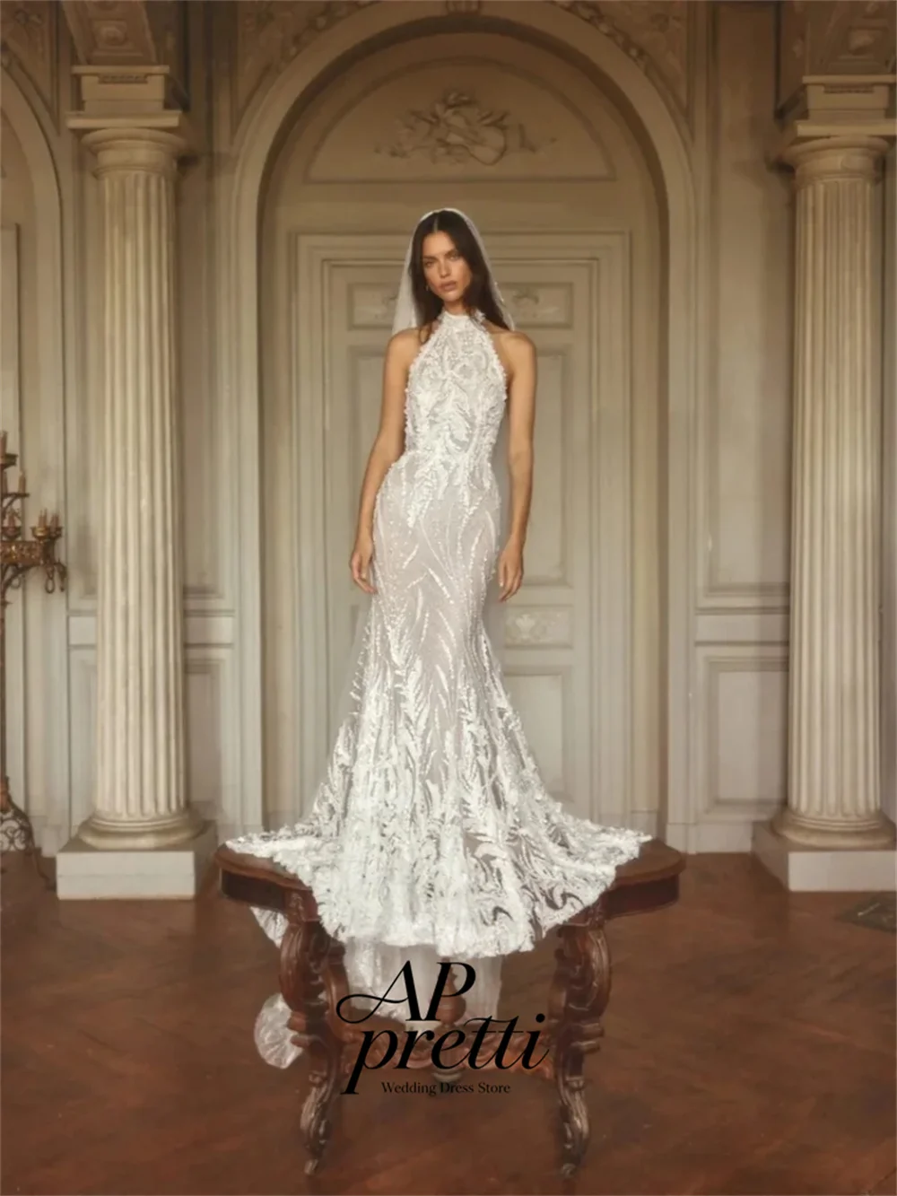 AP pretti Customized Classic Halter Lace Beaded Wedding Dresses For Woman Sleeveless Backless Mermaid With Train Bridal Gown