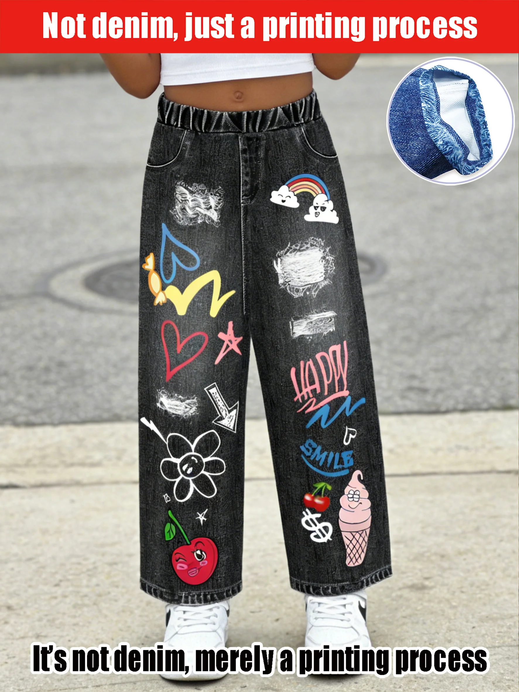 

2026 children's black denim elastic waist wide-leg pants, old holes + childlike graffiti