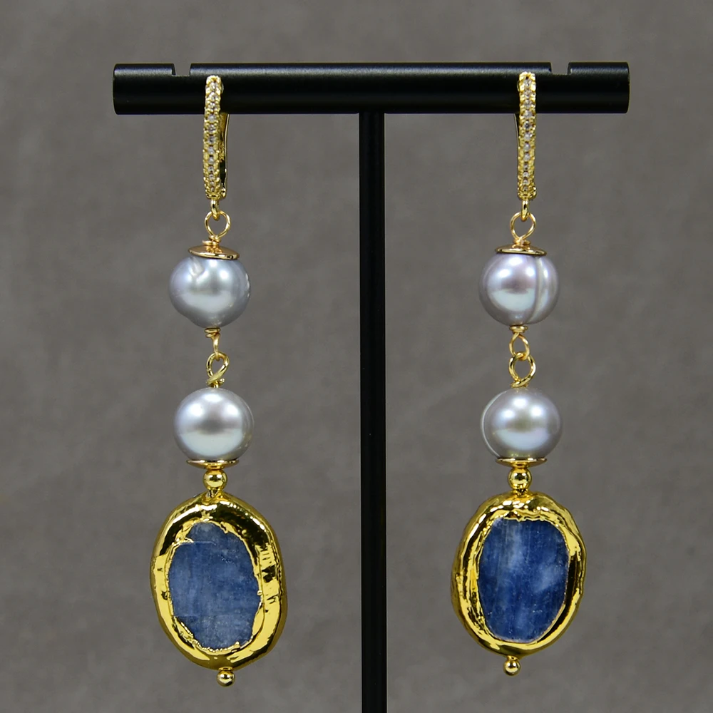 G-G Freshwater Cultured Gray Pearl Blue Kyanite Pendant Necklace Earrings Sets Simple Women Gifts