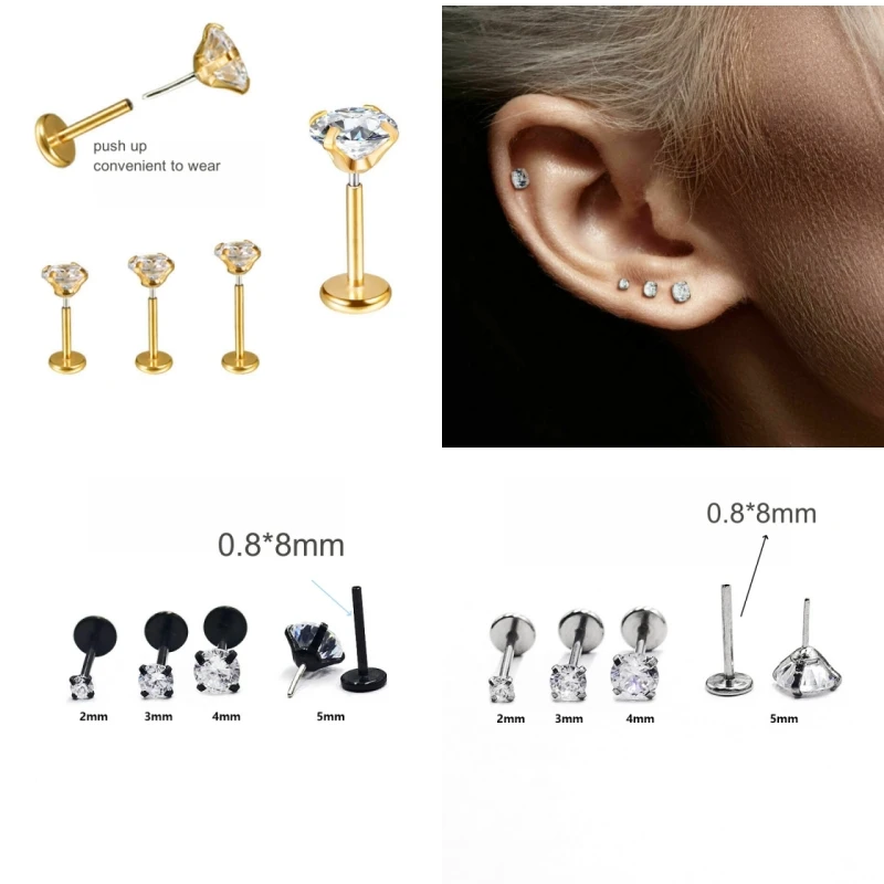 20G 0.8*Length 8mm 316 Stainless Steel Flat No Fade Classical Push-up Stud Earrings 2 3 4 5mm AAA Clear Zircons