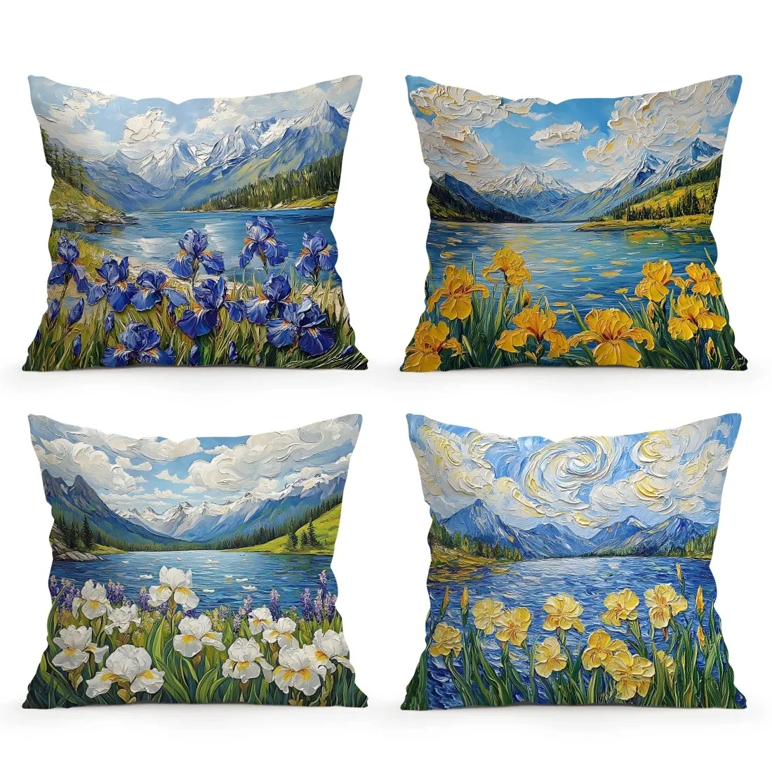Mountain Lake With Blooming Iris Starry Art Pillow Pattern Cushion Cover Suitable For Sofa Bedroom Car Pillow Cover