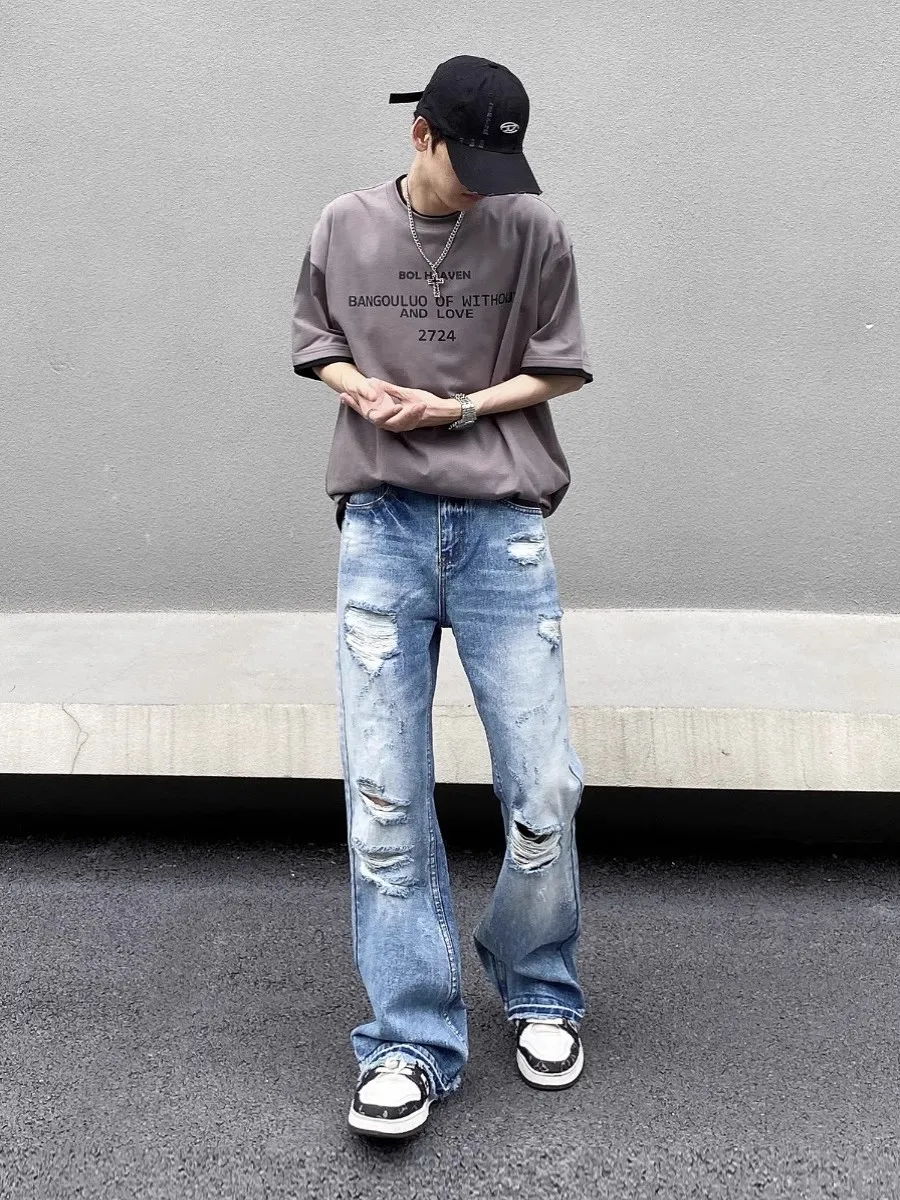 

Американские джинсы с потертыми дырками в стиле ретро, мужские свободные драпированные брюки длиной до пола, повседневная одежда, всесезонные