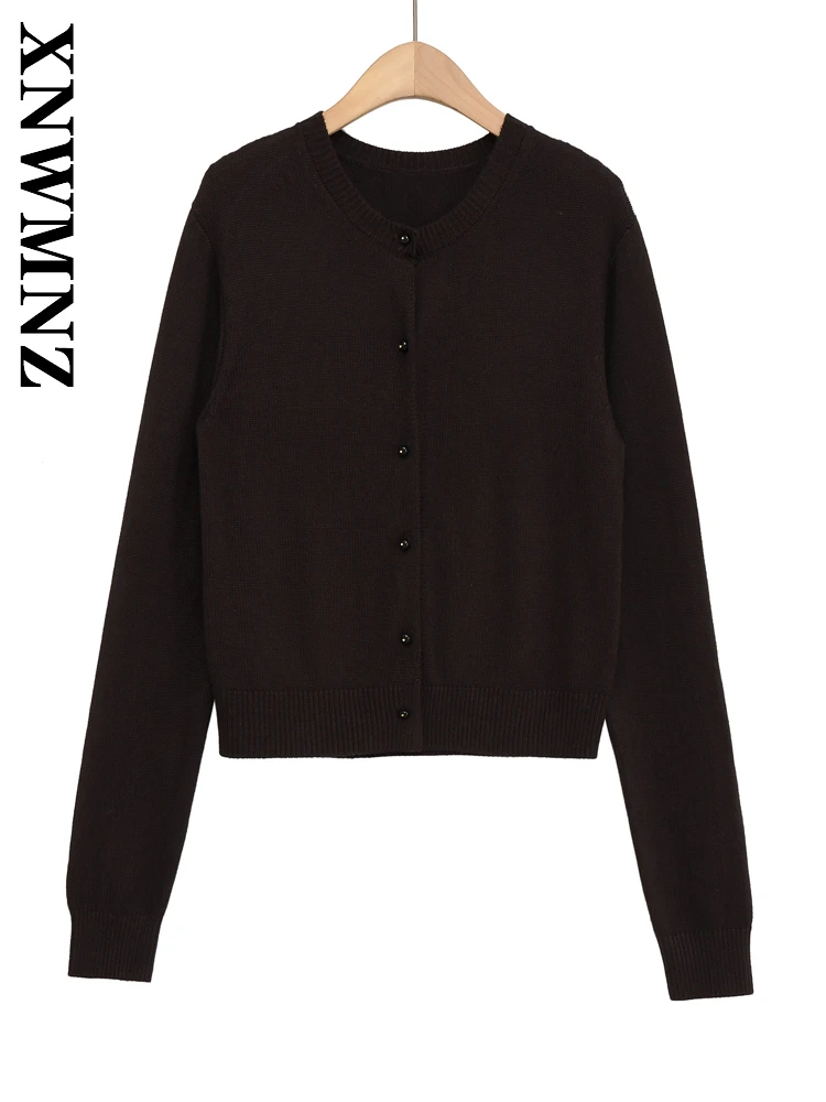 

XNWMNZ 2025 Autumn Woman's Fashion Simple O-Collar Long Sleeve Knit Top Casual Chic Women Clothing BROWN Single-breasted Coat