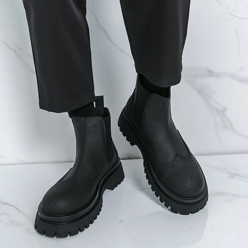 

Мужские высокие ботинки из ПУ, однотонные, на толстой подошве, с круглым носком, размеры 38-46