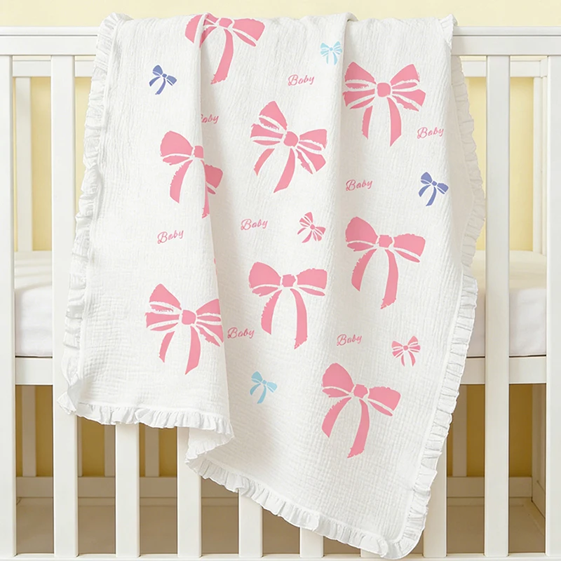 Muslin Baby Blanket with Ruffle Edge Soft Breathable Swaddling Wrap Nursery Bedding for Newborns Toddlers 39x35