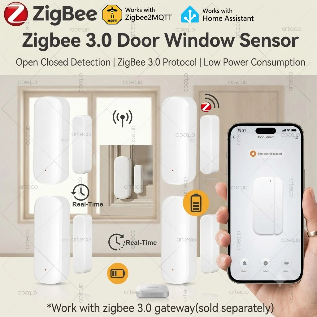 Zigbee 3.0 Door Sensor Window Sensor Magnetic Contact Sensor For Smart Home APP Remote Monitor Supports Zigbee2MQTT Yandex Alexa