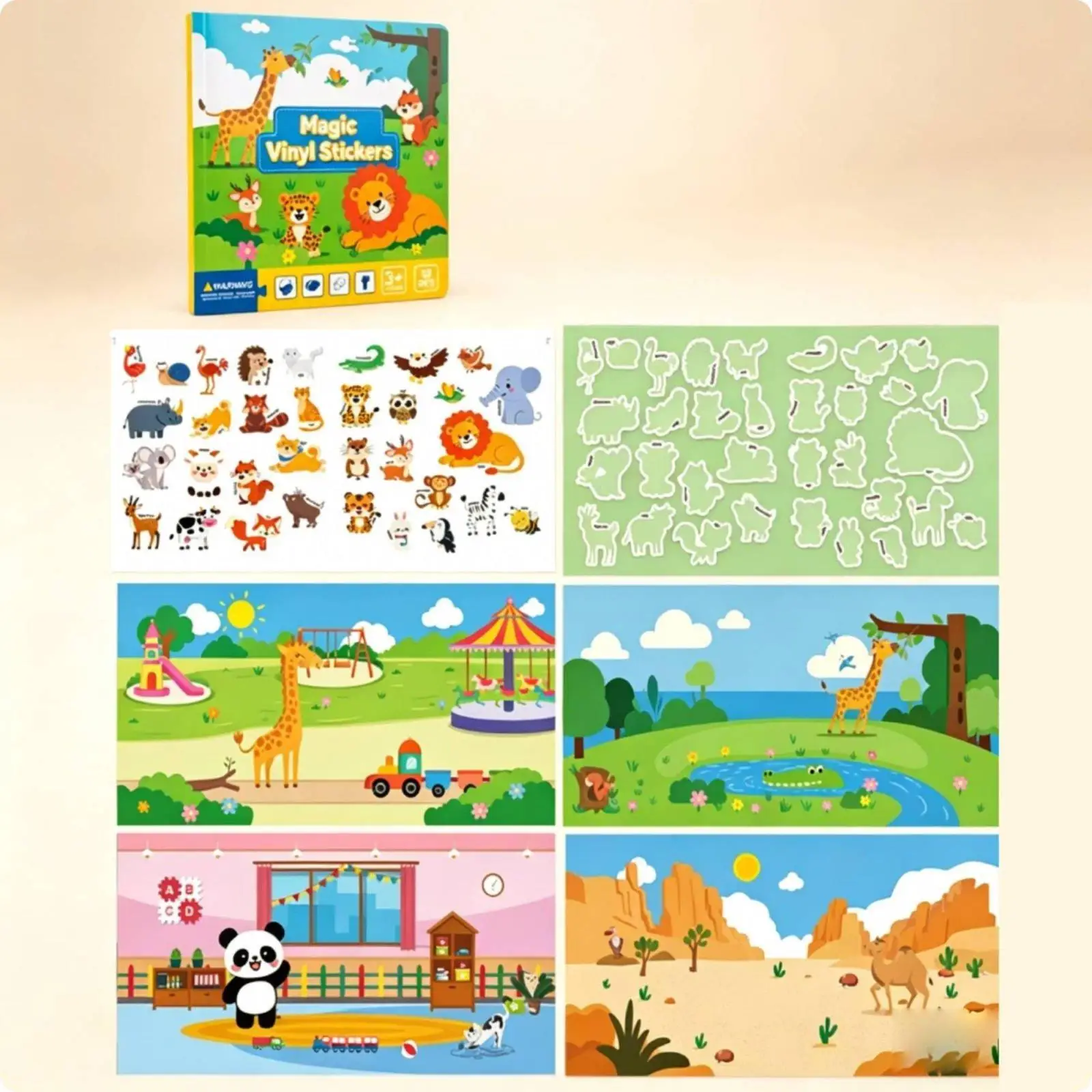 Reusable Children Static Sticker Activity Book with Animal Dinosaur Sea Transport Scenes for Early Learning