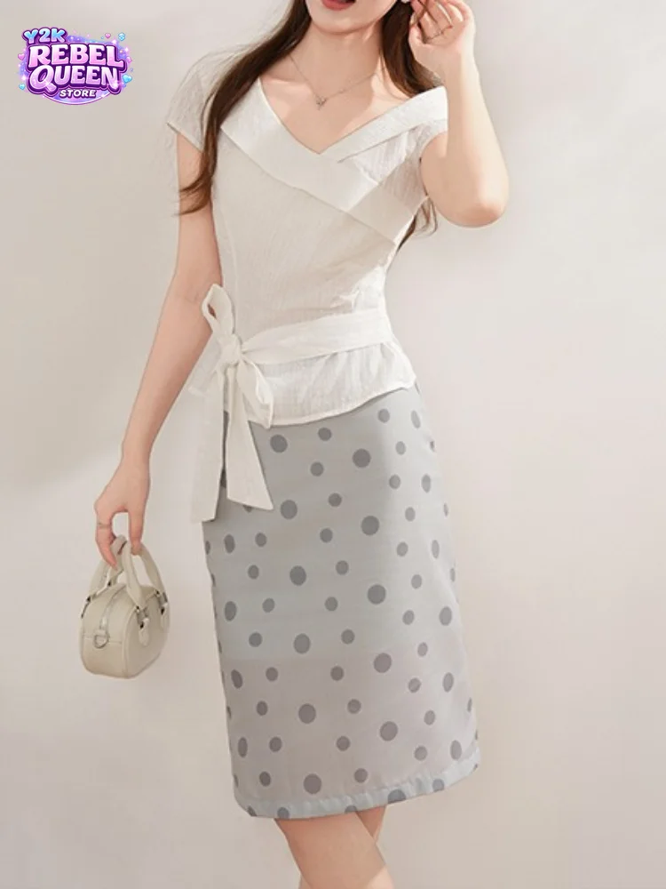 

Coquette Japanese Preppy Polka Dot 2 Piece Set Women Slim Cap Sleeve Bow Crop Top + High Waist Midi Skirt Casual Daily Outfit