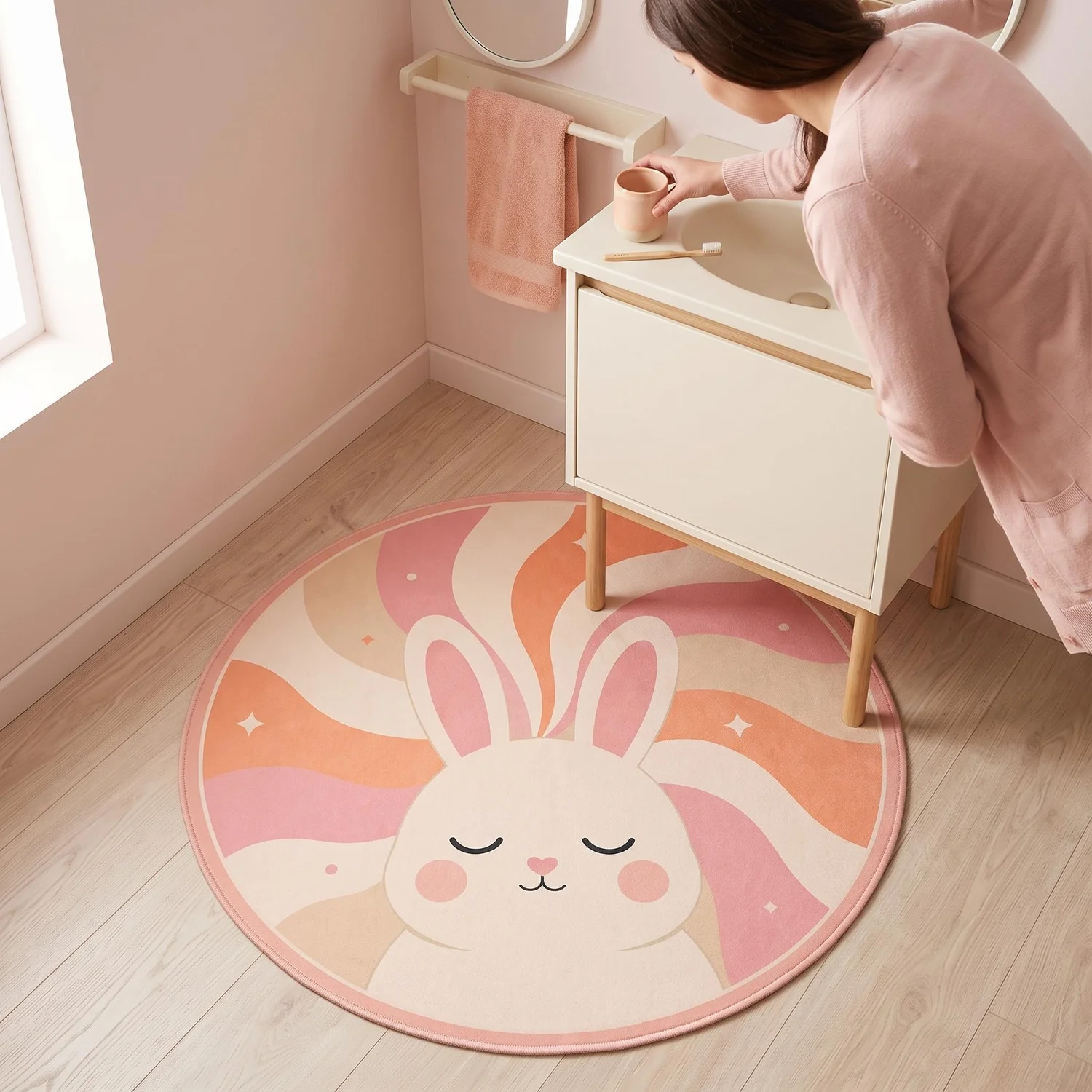 Rabbit Round Bath Mat, Blush Pink Sunburst Pattern, Baby Room Bathroom Decor