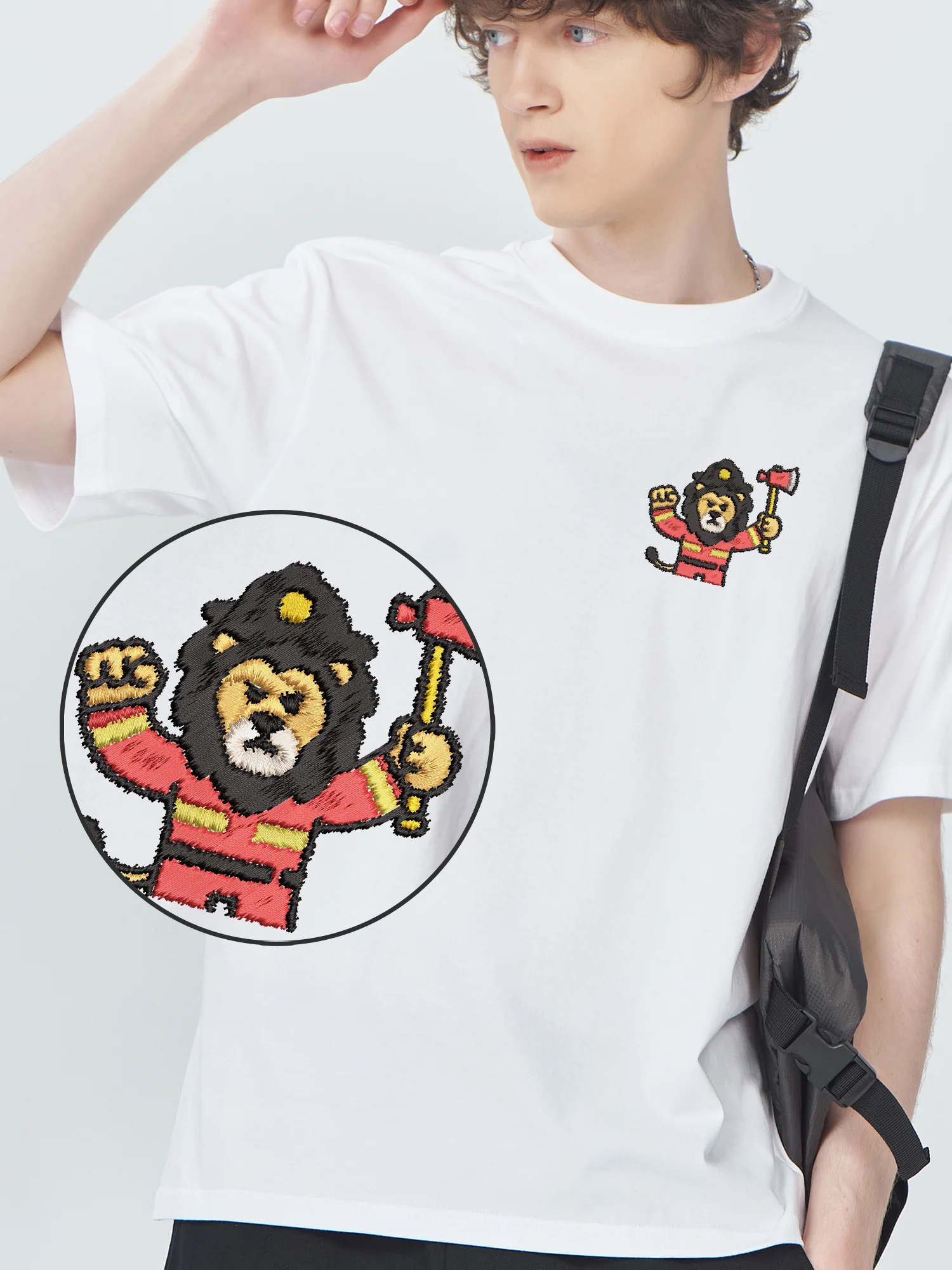 

Firefighter Lion Funny Graphic Crew Neck Embroidered T-Shirt Unisex Casual Loose Funky Embroidery Tshirts Mens Gifts