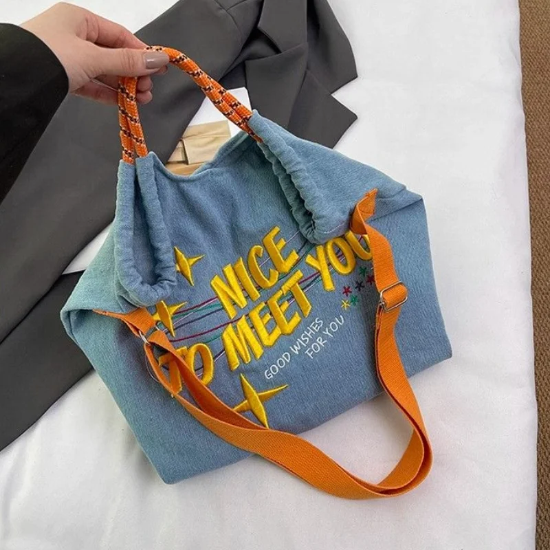 Casual Denim Tote Bag With Embroidered Letter, Multipurpose Crossbody Bags With Adjustable Strap, For Everyday Commute And Work