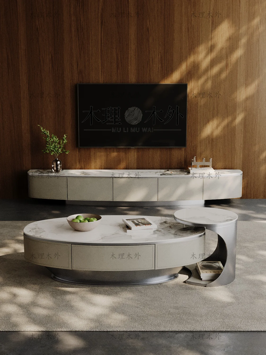 Light luxury modern oval coffee table Italian minimalist senior living room new solid wood luxury stone rock panel coffee table