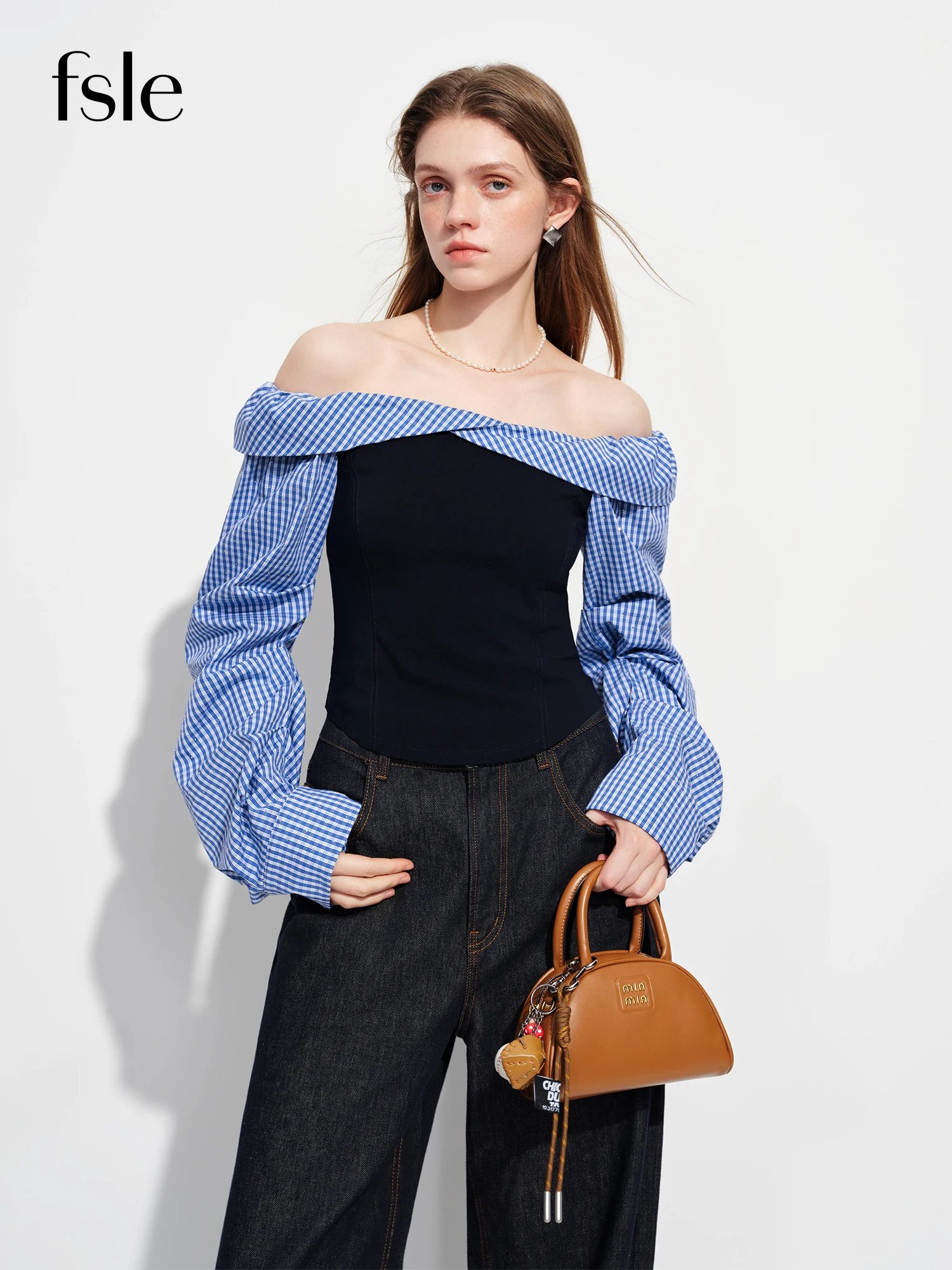 

FSLE 2026 Spring Women's Off-Shoulder Blue Gingham Blouse - Elegant Ruffled Lapel Long Sleeve Top for Office Commute