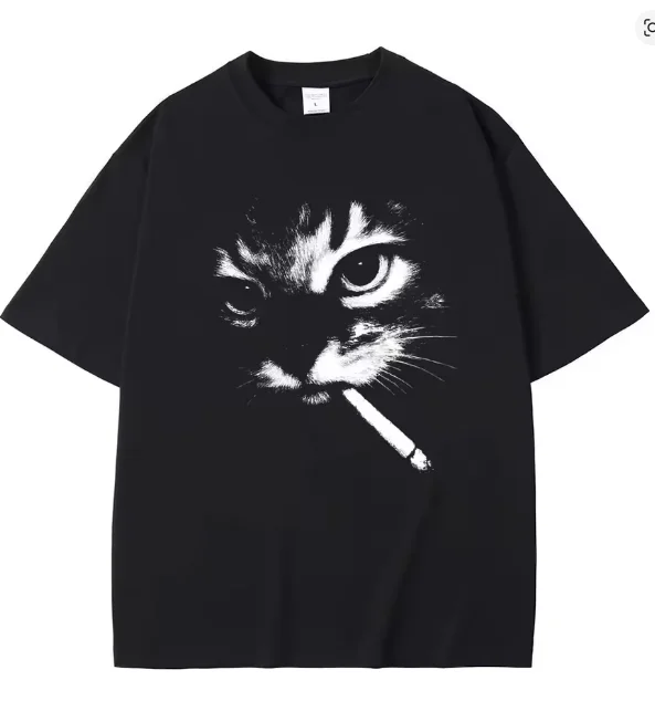 Funny Smoking Cat Face Meme Print Unisex Cotton T-Shirt Crew Neck Short Sleeve Vintage Casual Cat Lover Gift Tops