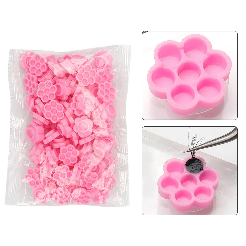 100 Pcs Pink Flower Glue Delay Cup Grafting Lashes Makeup Tool Tattoo Adhesive Pigment Cups Eyelash Extension Supplies