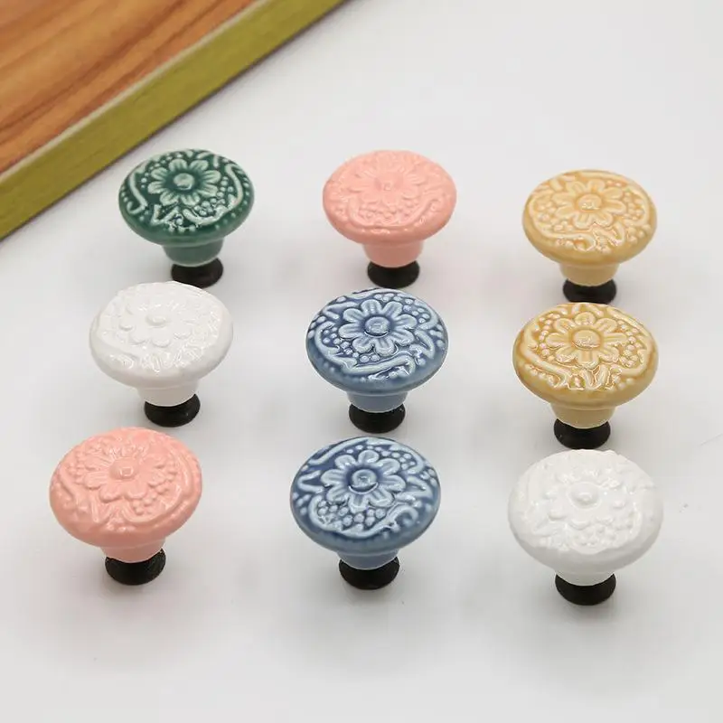 1pc Relief Single Hole Ceramic Knob Pull Handles Flower Surface Door Knob Round Drawer Knobs Hardware
