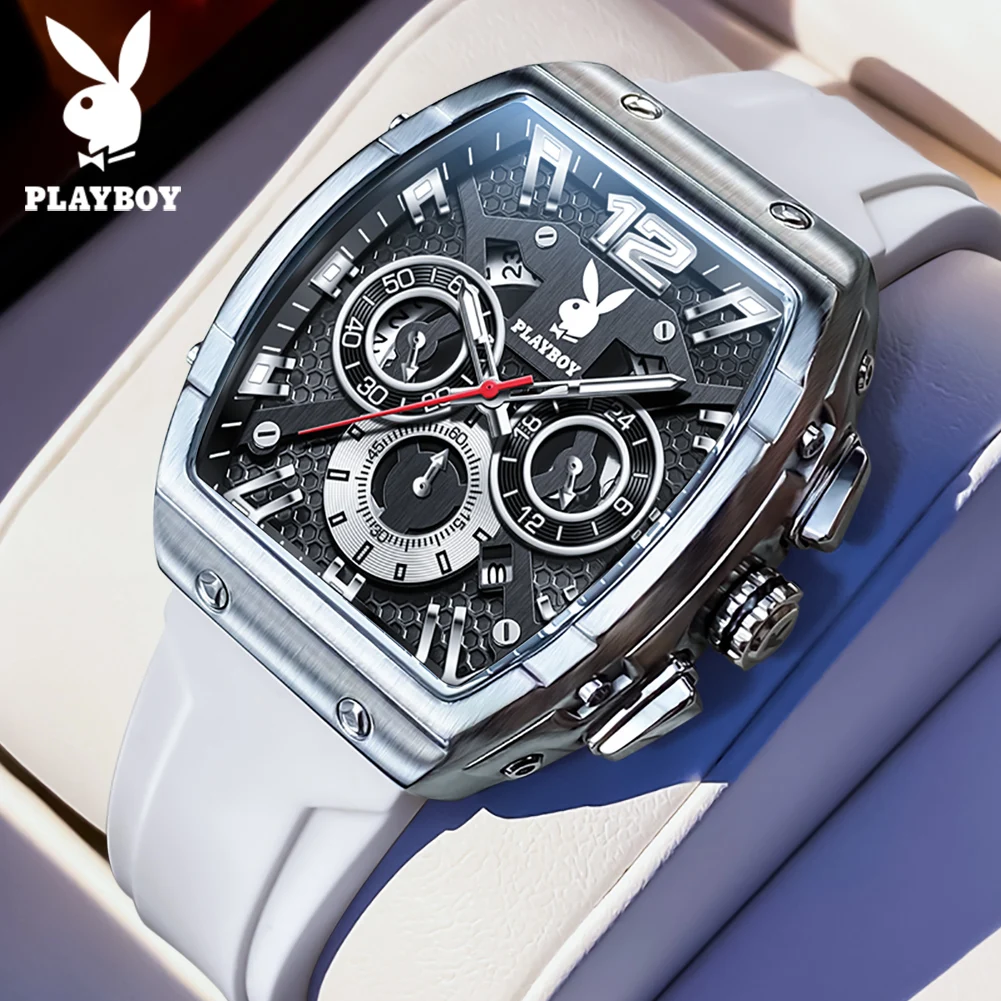 PLAYBOY Fashion Trend Multifunction Men Quartz Watch High Quality Original Silicone Strap Waterproof Luminous Wrist Watch Men