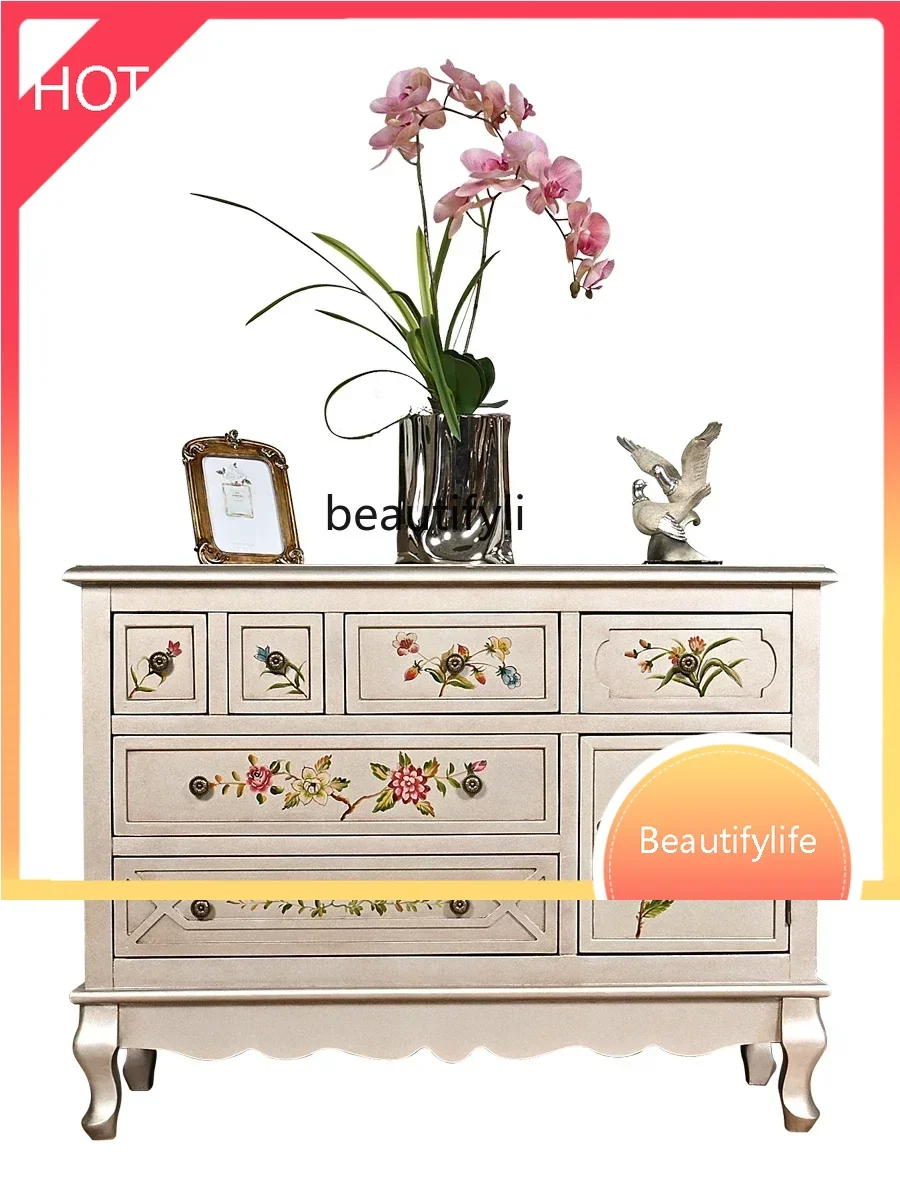 A07 07American Country Champagne Chest of Six Drawers Home Partition Retro Painted Curio Cabinet