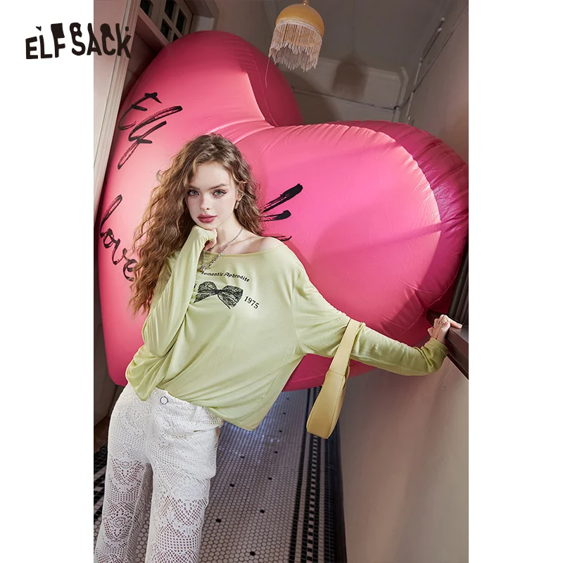 ELFSACK 2024 Summer New Imitation Tencel Cool Bow Pattern Lazy Open Back T-shirt for women