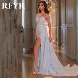 RFYR Light Blue Sexy Glitter Mermaid Wedding Party Dresses One Shoulder Split Evening Gowns with Shiny Bride Dresses Customized